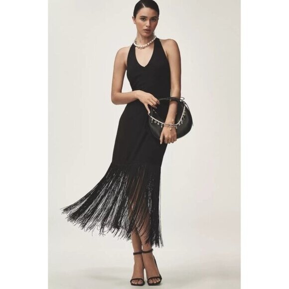 NWT Size L - Hutch Plunge Halter Fringe Knit Midi Dress (NWT US$ 248) - Picture 1 of 12